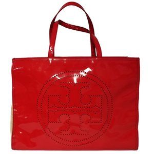 Tory Burch Large Red Patent Leather and Canvas Perforated Logo Tote Bag